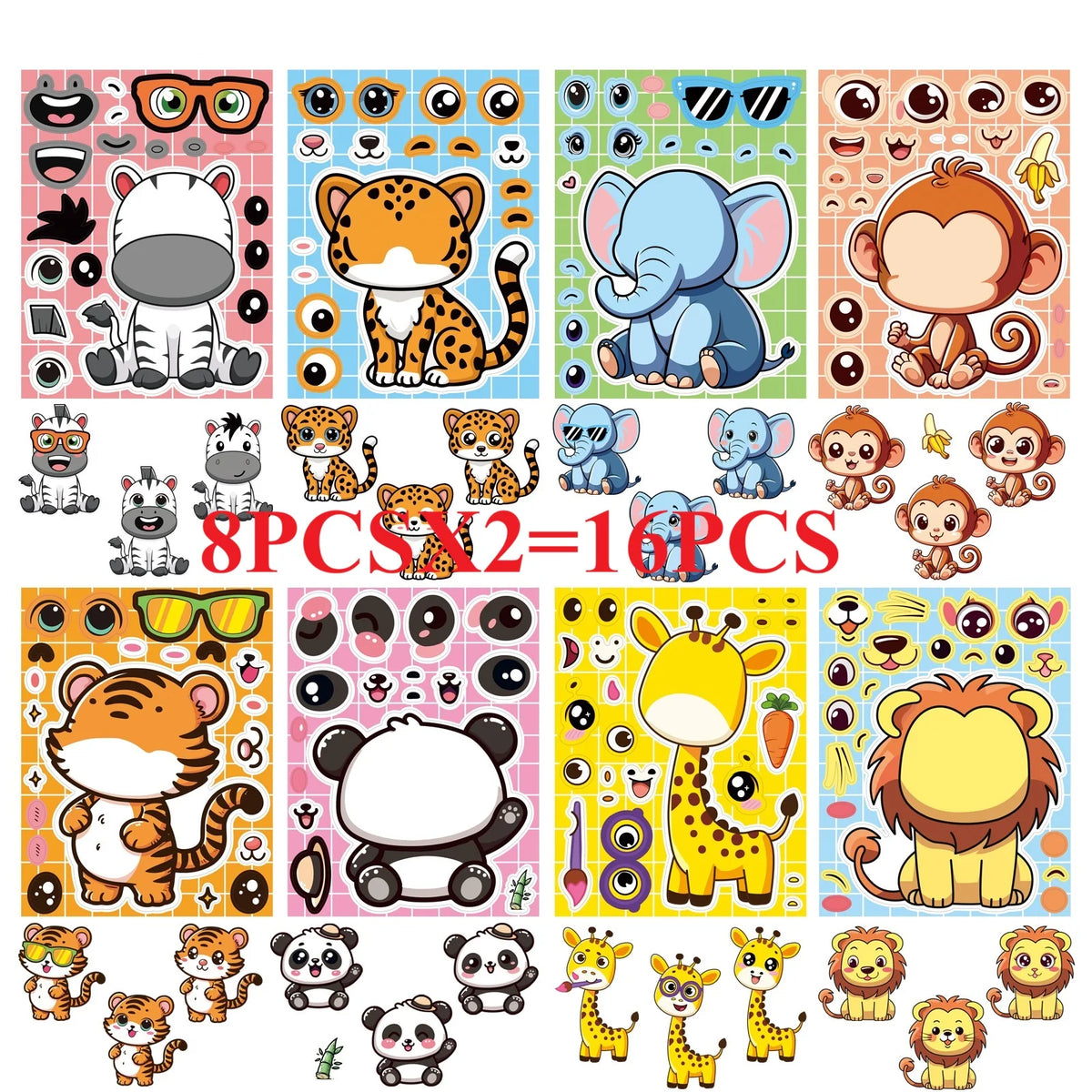 A collection of cartoon animal puzzle stickers featuring various animals like tigers, elephants, monkeys, and bears.