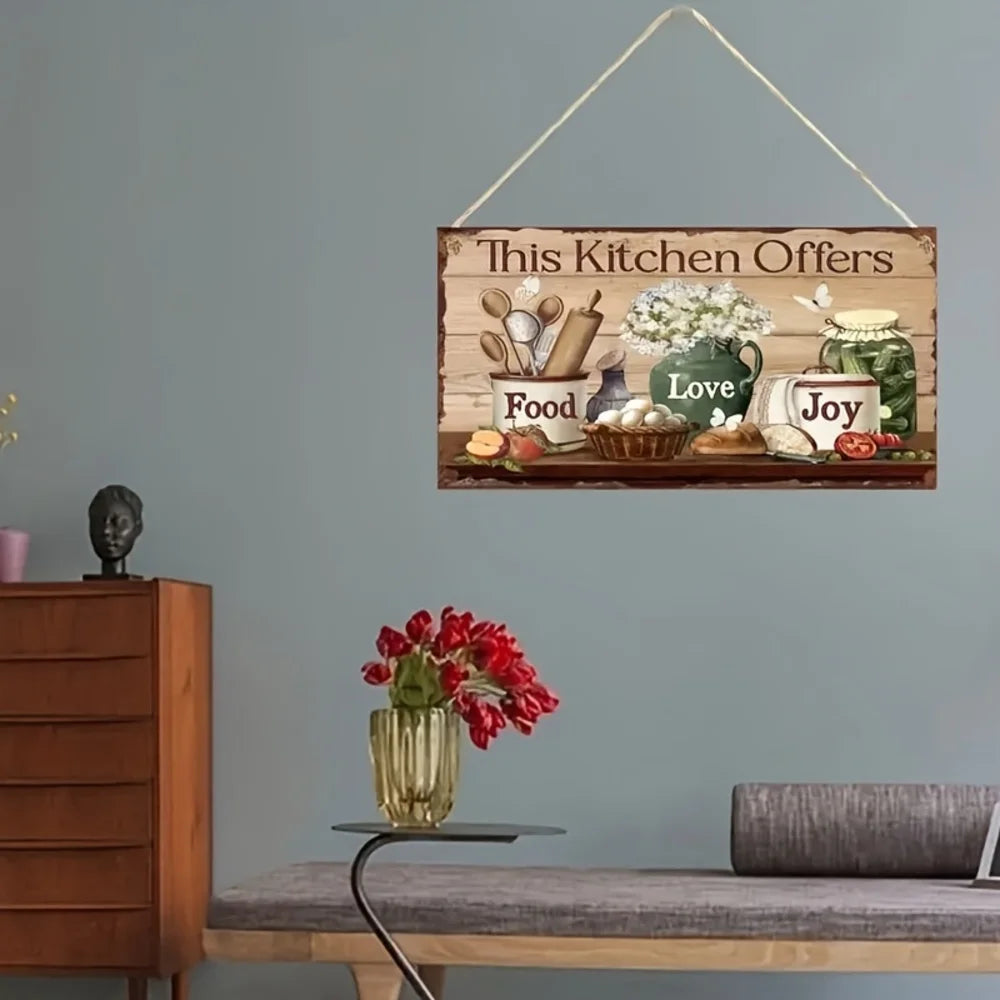 Señal de pared de cocina de madera rústica con ilustraciones de comida, amor y alegría
