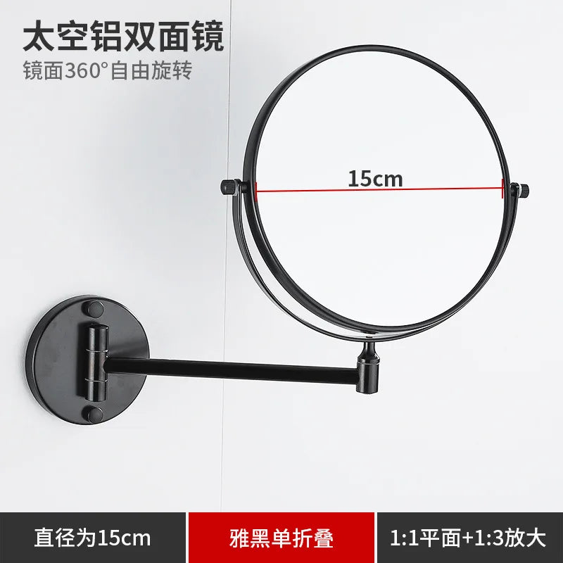 Black folding double-sided wall mirror with 360 degree rotation and telescopic arms