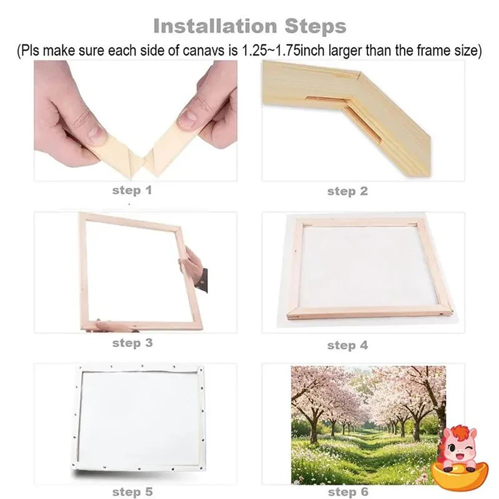 Six steps showing how to install DIY wooden canvas stretcher frame bars for painting and art display