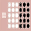 A grid of vintage lace stickers in black and white on a pink background for junk journals and DIY crafts.