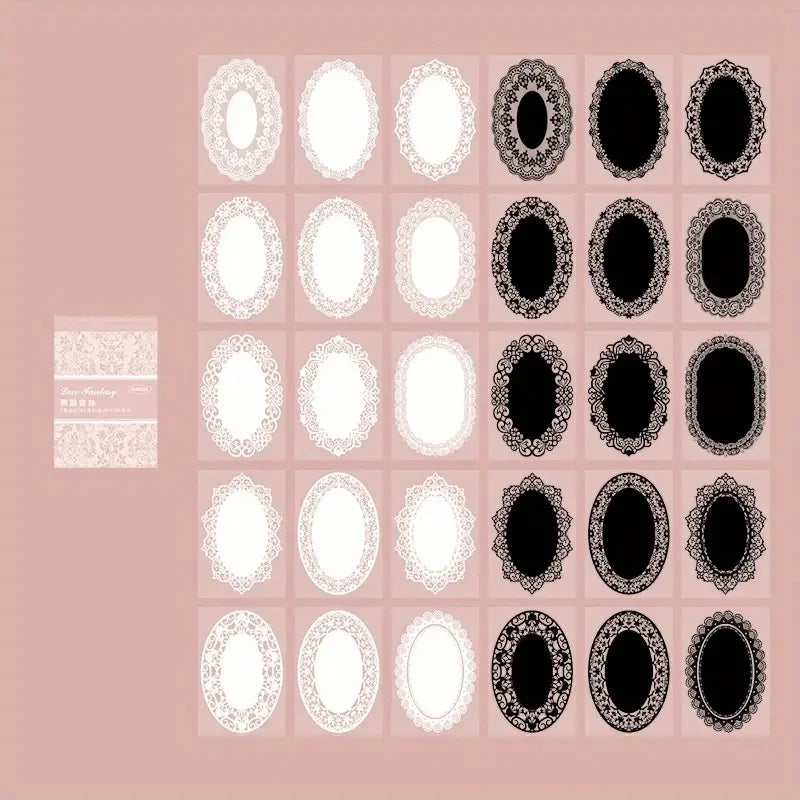 A grid of vintage lace stickers in black and white on a pink background for junk journals and DIY crafts.
