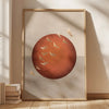 A framed canvas wall art featuring a large, reddish-brown circle with small, light-colored cranes in flight against a neutral