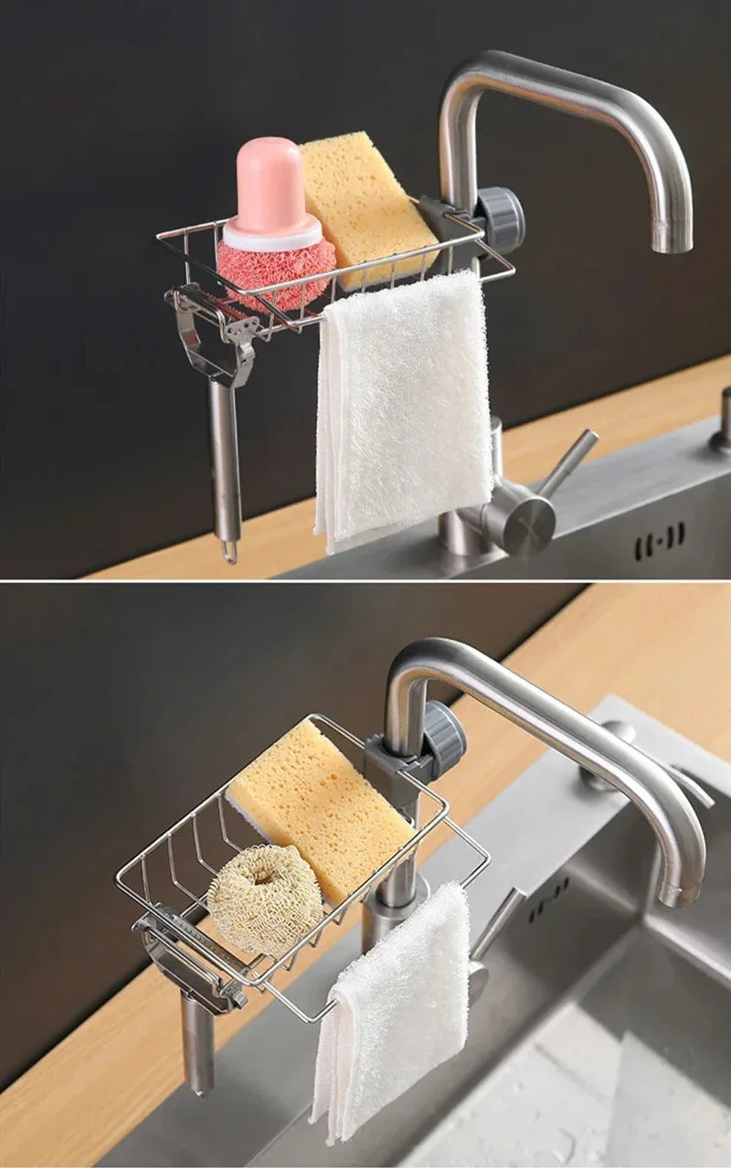 Faucet-mounted kitchen organizer holding a sponge, a block of yellow soap, and a white towel for dish cleaning.