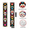 A vertical banner featuring colorful Day of the Dead skulls and flowers for Dia de Los Muertos decor