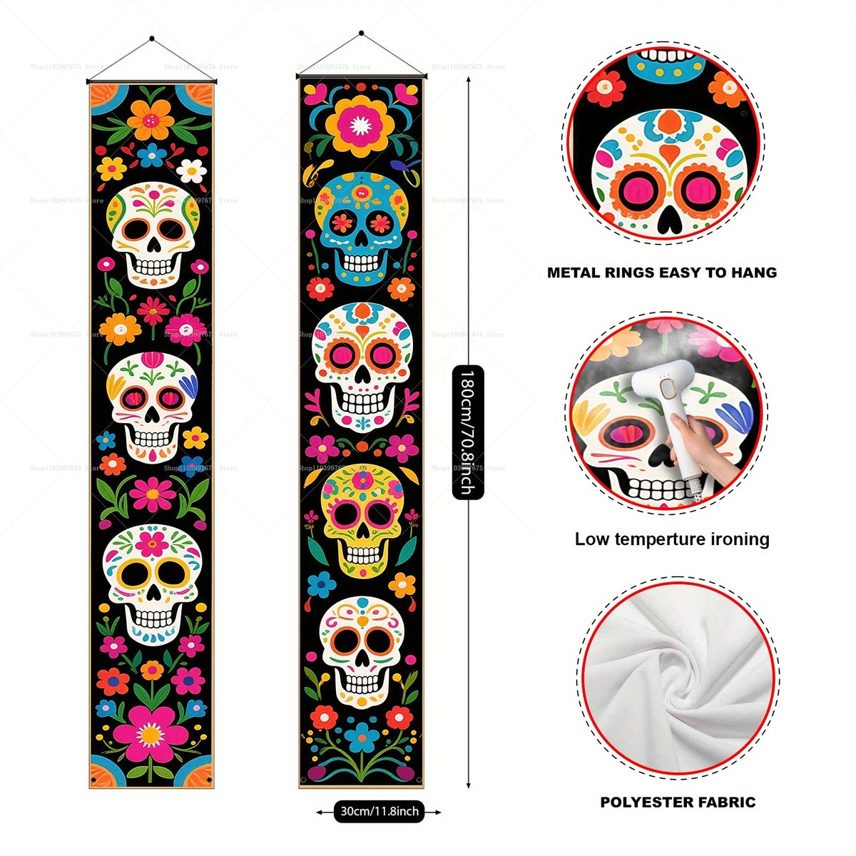 A vertical banner featuring colorful Day of the Dead skulls and flowers for Dia de Los Muertos decor