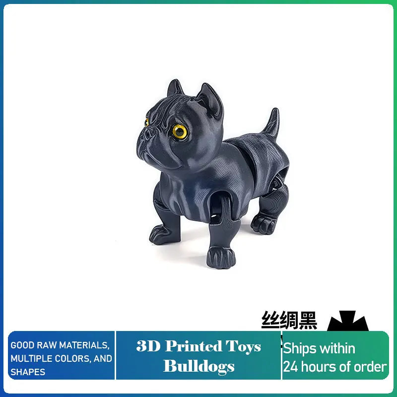 A dark gray 3D printed articulated bulldog figurine.