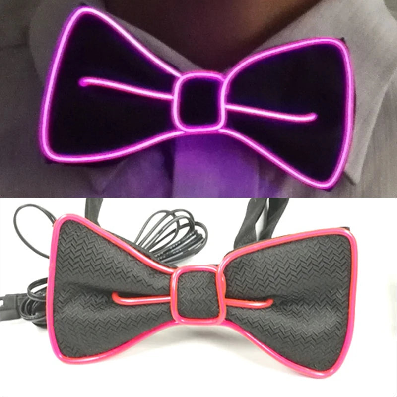 A black bow tie accessory with pink LED lights, shown against a gray shirt.