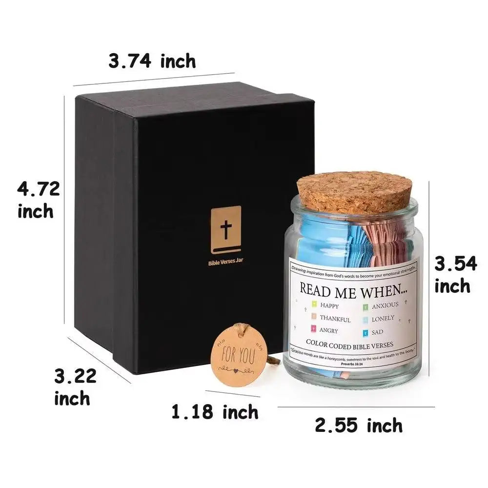 A dark brown box containing a glass jar of Bible verses for prayer and comfort.