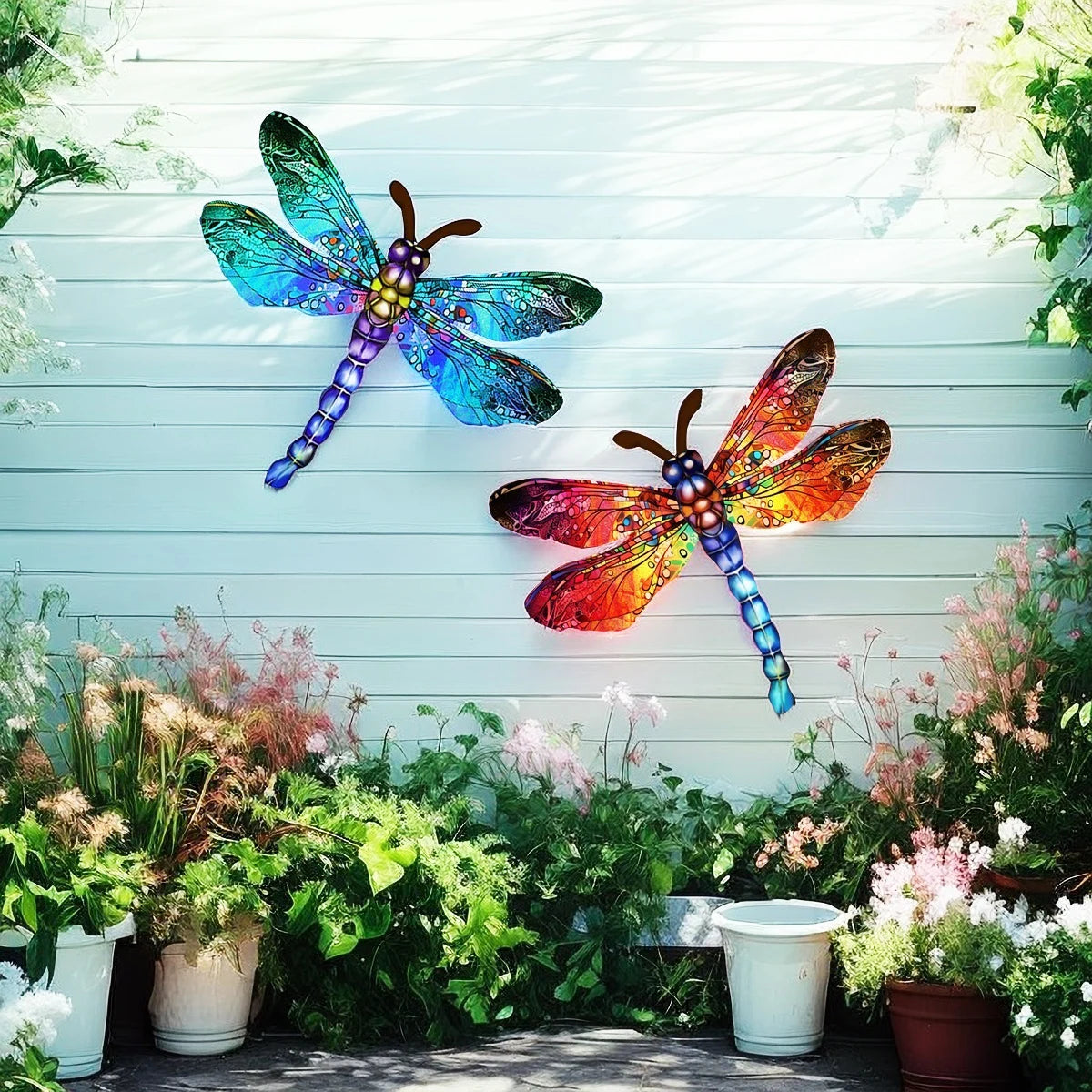 Vintage dragonfly wall art sculpture with iridescent blue and orange wings displayed against a light blue wooden fence.