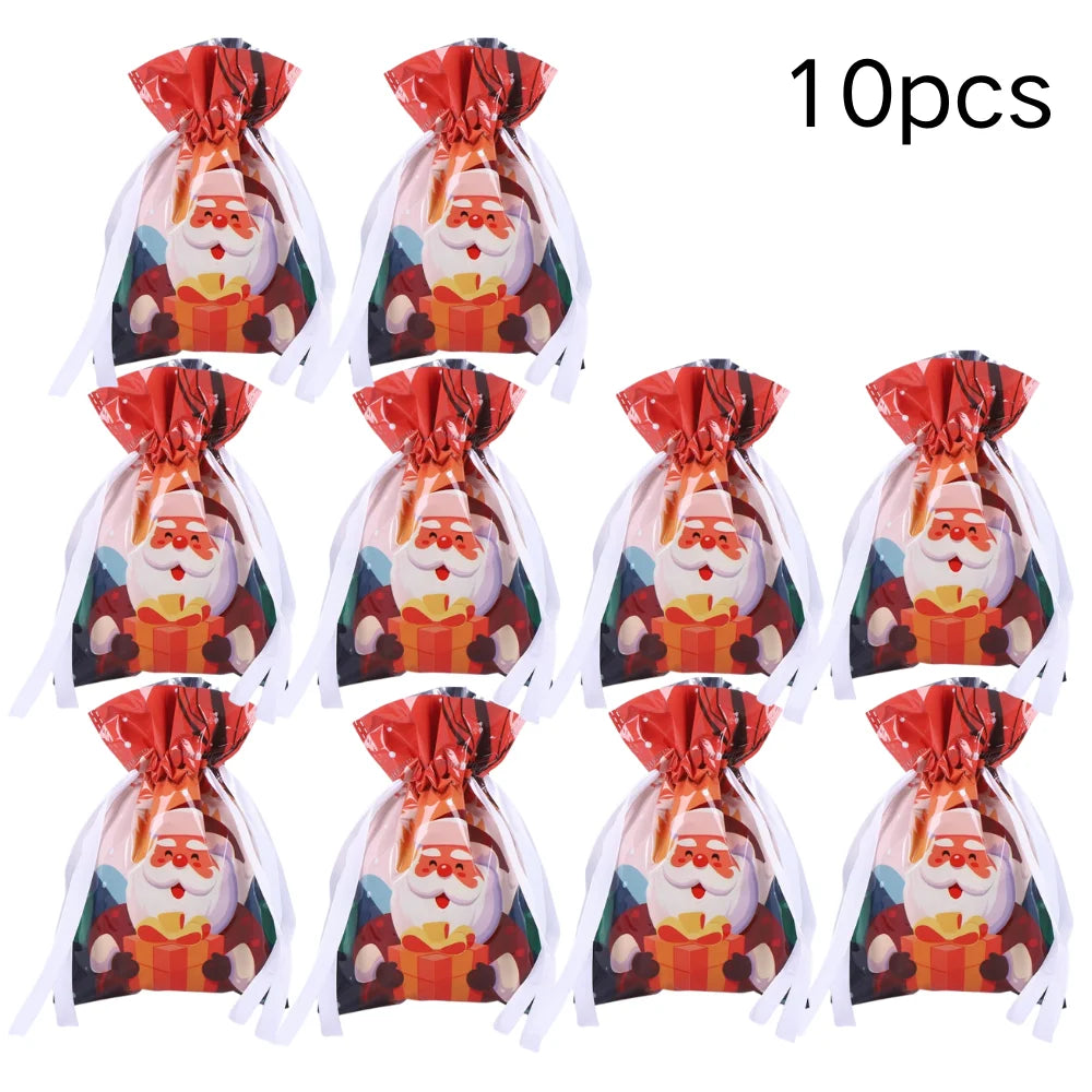 Ten reusable Christmas drawstring gift bags featuring a festive snowflake design