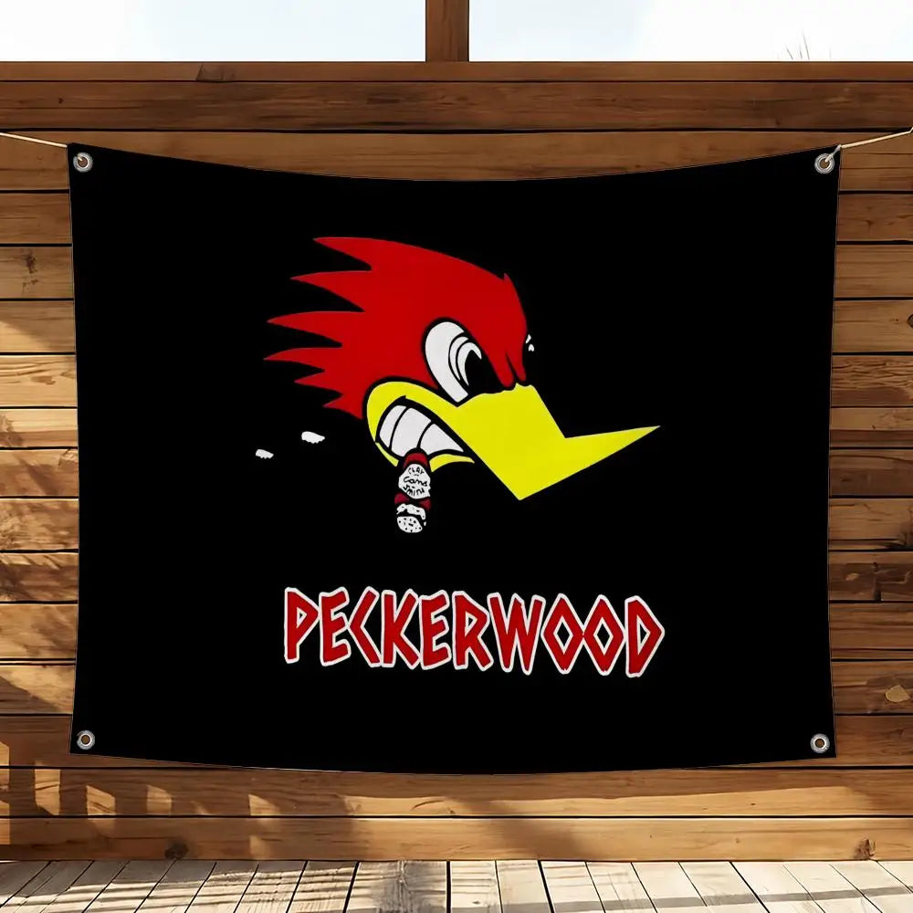 A black flag featuring a stylized red and yellow rooster head with the name Peckerwood printed below.