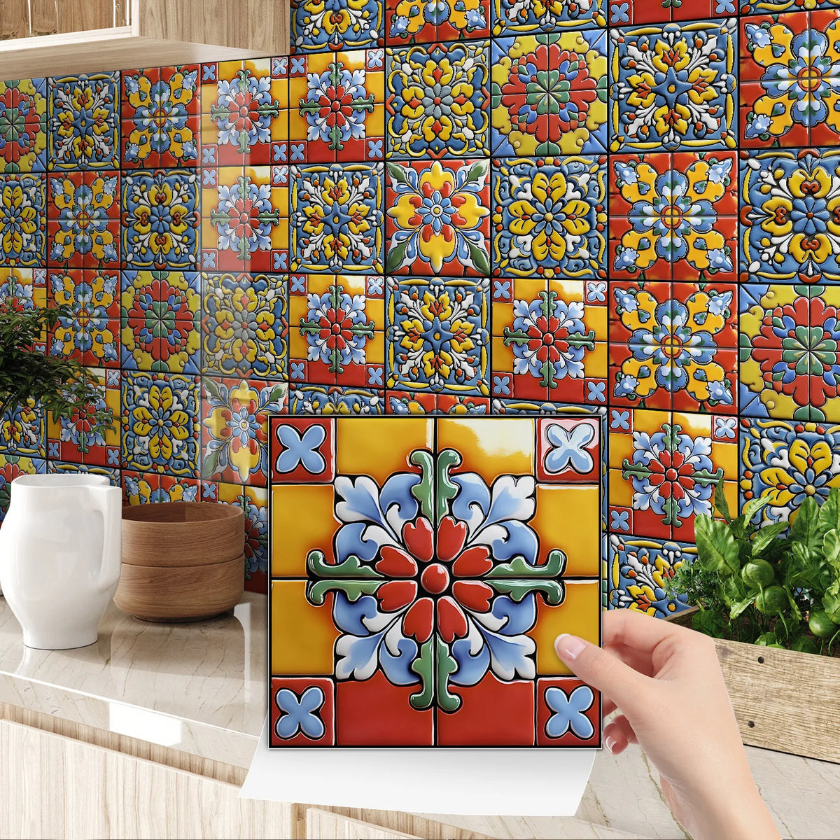 A close-up of a self-adhesive waterproof wall decal set featuring colorful, floral tiles on a tiled wall.