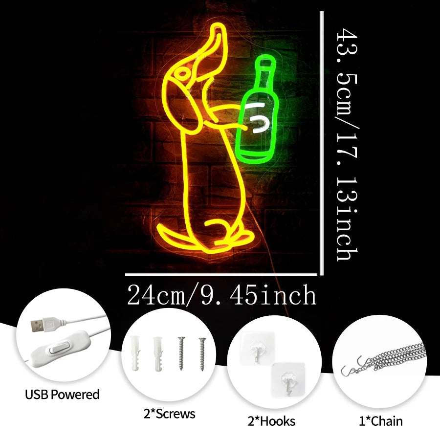 A neon sign shaped like a dachshund holding a bottle, illuminated in yellow and green light.