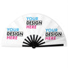 A white folding hand fan with text placeholders on the design area.