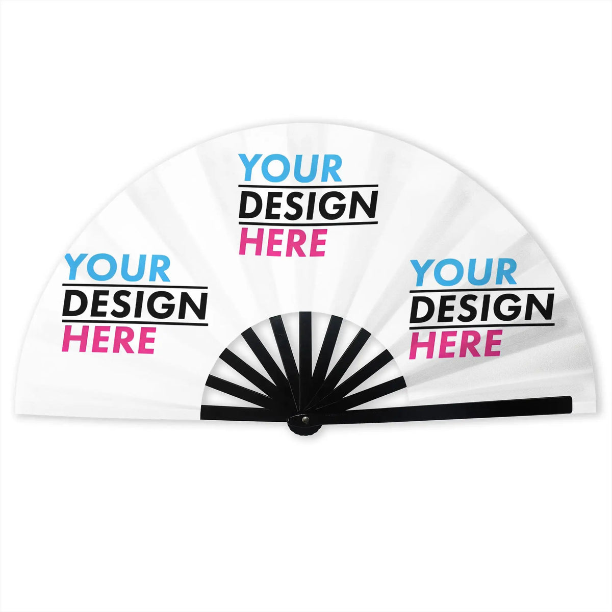 A white folding hand fan with text placeholders on the design area.