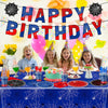 A colorful birthday party setup featuring a red and blue banner, balloons, and spider web decorations.
