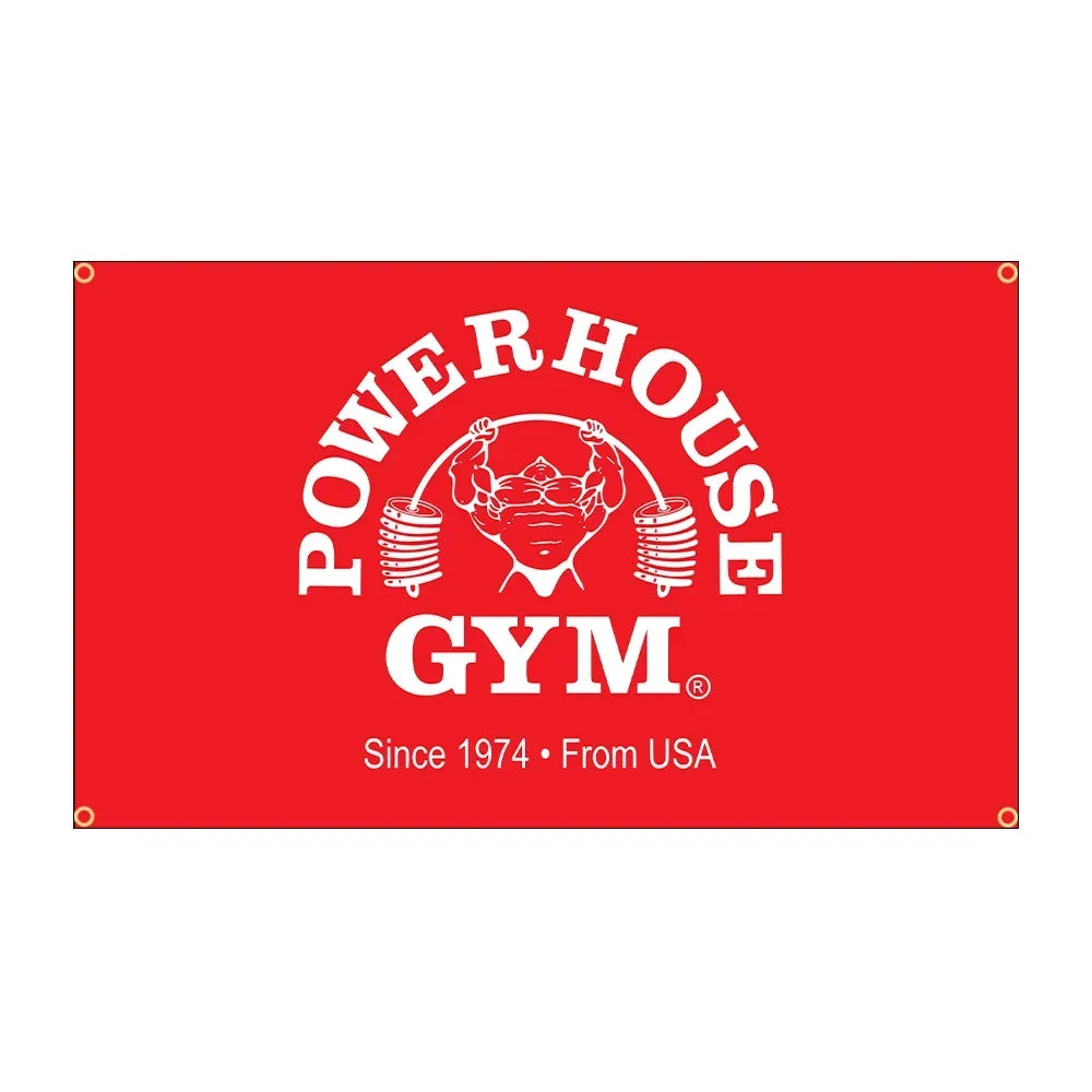 A red sports banner for a powerhouse gym featuring the text POWERHOUSE GYM and the founding year Since 1974.