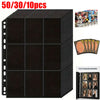 A stack of 10 black acid-free trading card refill pages for 3-ring binders, shown alongside sample cards.