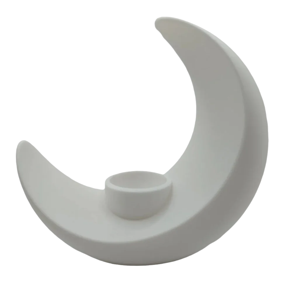 A modern, white, moon-shaped decorative vase with a small opening at the base.
