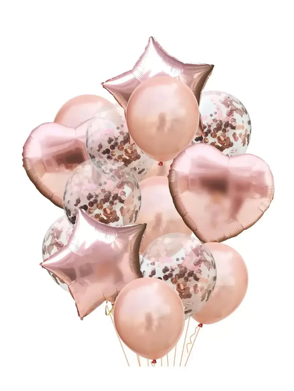 A collection of rose gold and pink latex and foil balloons shaped like stars and hearts.
