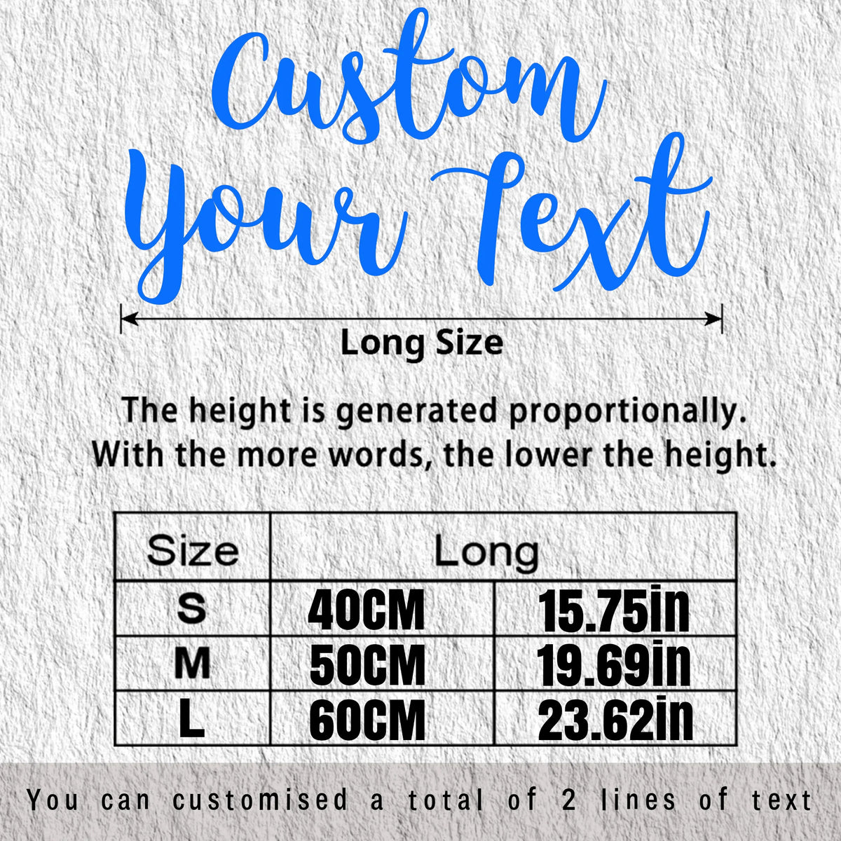 A chart showing sizes for long text decals: S (40cm/15.75in), M (50cm/19.69in), and L (60cm/23.62in).