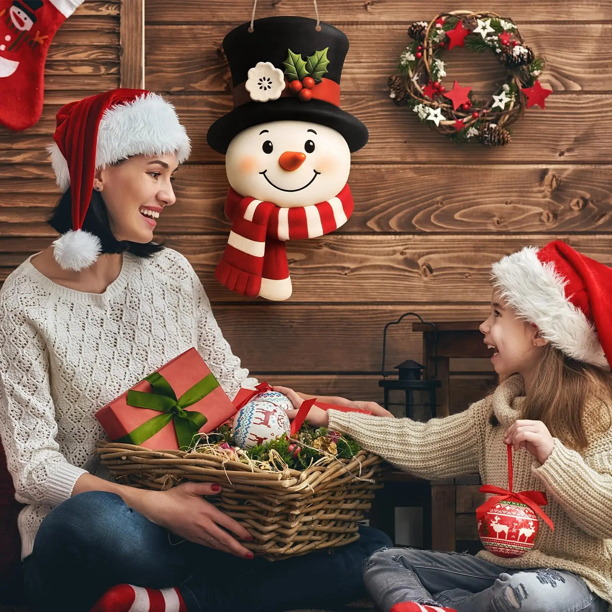 A smiling woman in a white sweater is holding a woven basket with greenery and a wooden Christmas snowman against a rustic wo