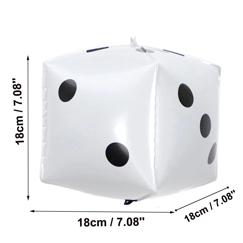 A white casino dice foil balloon shaped like a die, used for party decor.