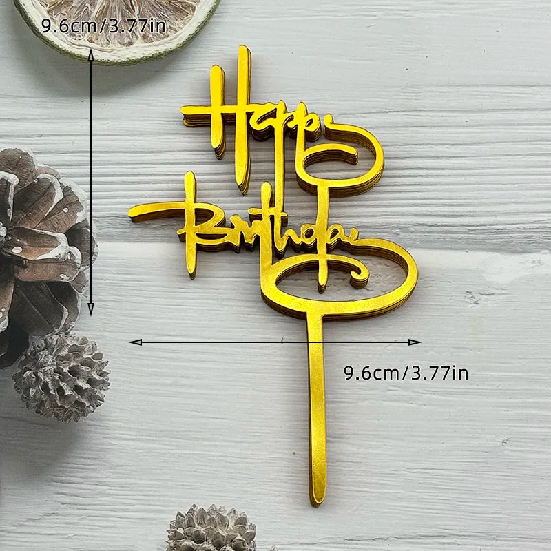 Gold acrylic birthday cake topper set with the words Happy Birthday