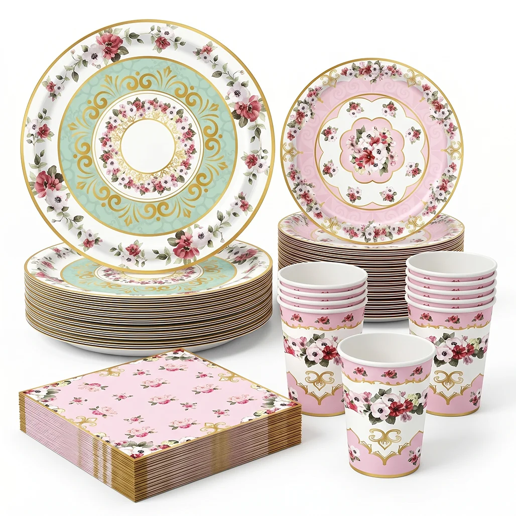A set of vintage floral paper tableware including plates, cups, and napkins in pink, green, and gold tones.