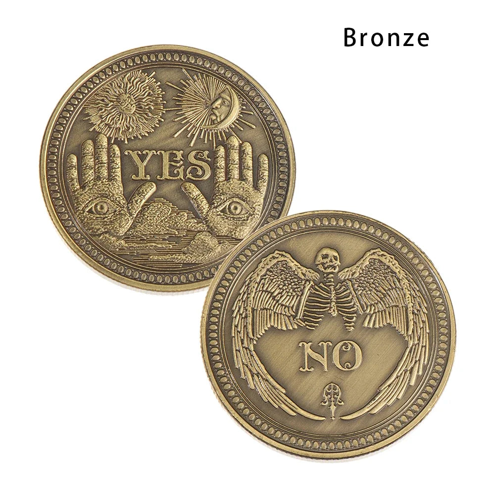 Moneda conmemorativa de bronce que presenta una señal de 'sí' y una mano esquelética para 'no'