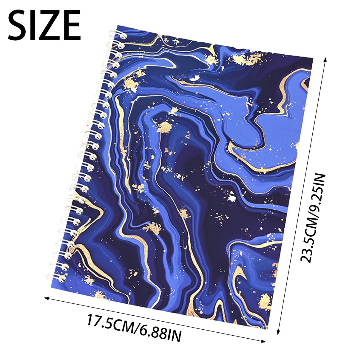 A close-up view of a reusable sticker collecting album featuring a dark blue and purple marbled design with gold accents.