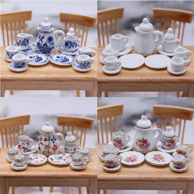 A collection of 15 miniature porcelain tea sets and cups in blue and white are displayed on a wooden table.