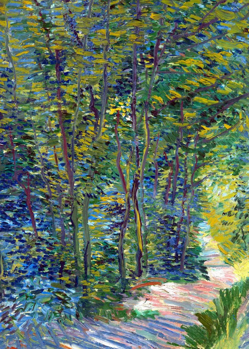 Van Gogh-inspired canvas wall art featuring a vibrant, thickly painted forest landscape.