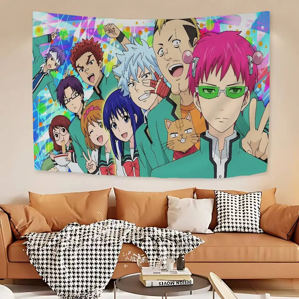 Anime tapestry wall hanging featuring characters from The Disastrous Life of Saiki K.