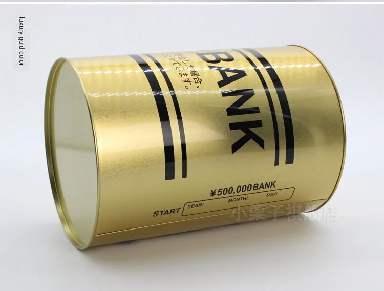 A gold-colored metal piggy bank labeled BANK with a value of 500,000.