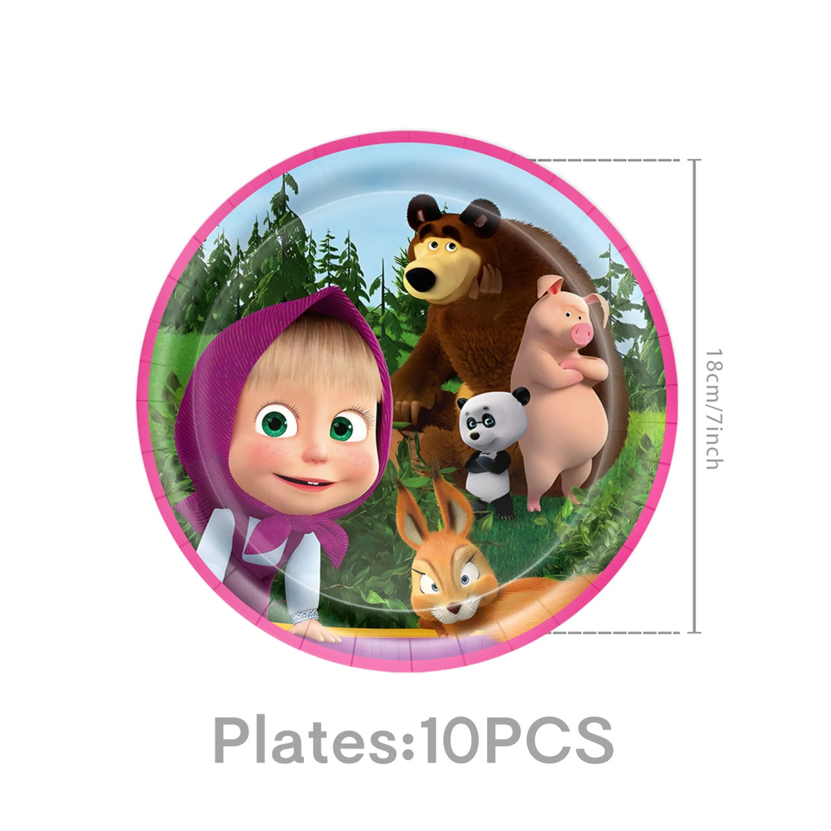 A set of 10 plastic plates featuring cartoon characters including a baby, bear, and rabbit.