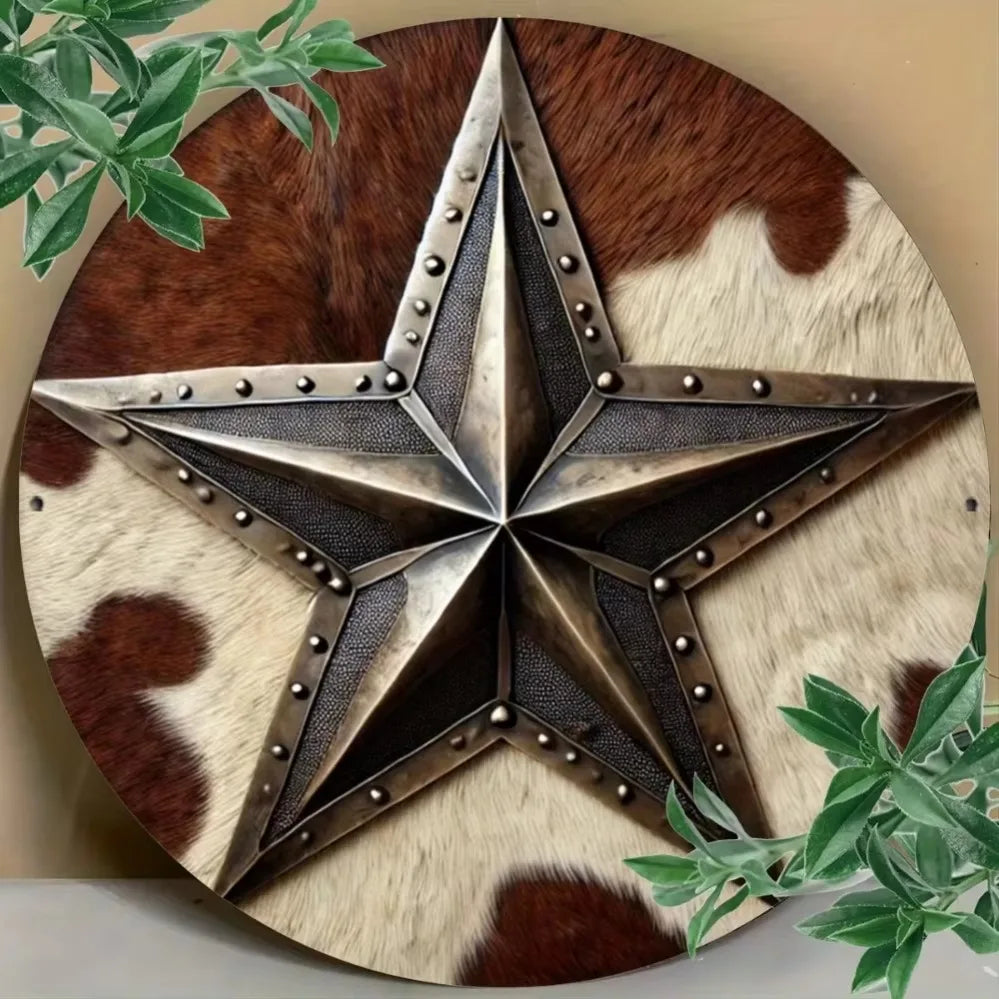 A vintage western cowboy star metal sign crafted from dark metal and natural hide.