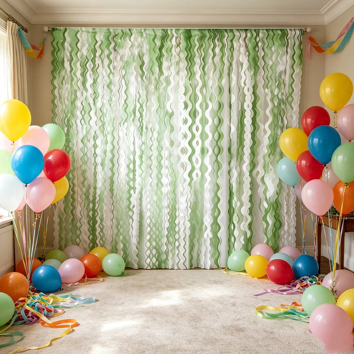 A window decorated with sage green wavy foil fringe curtain streamers and balloons in various colors.