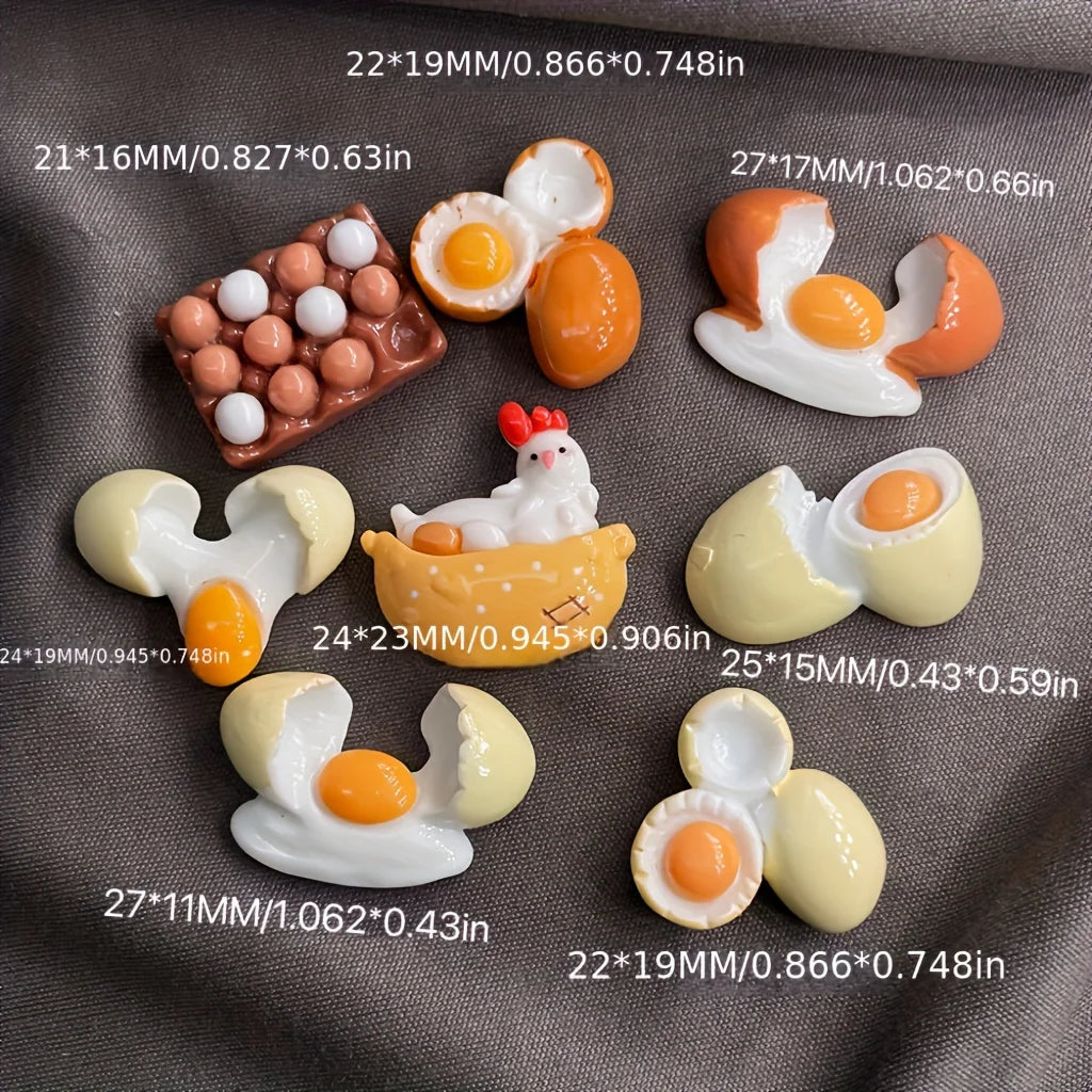 A collection of kawaii food-themed fridge magnets featuring various shapes and colors like eggs, donuts, and other food items