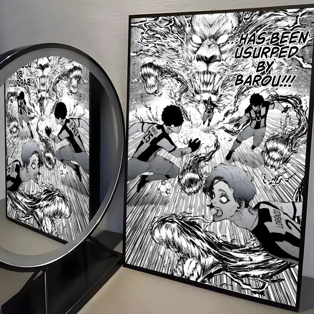 A canvas print featuring intense black and white anime artwork with dramatic facial expressions and dynamic movement.