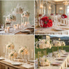 Elegant table setting featuring silk champagne rose and hydrangea flower ball centerpieces on a linen tablecloth.