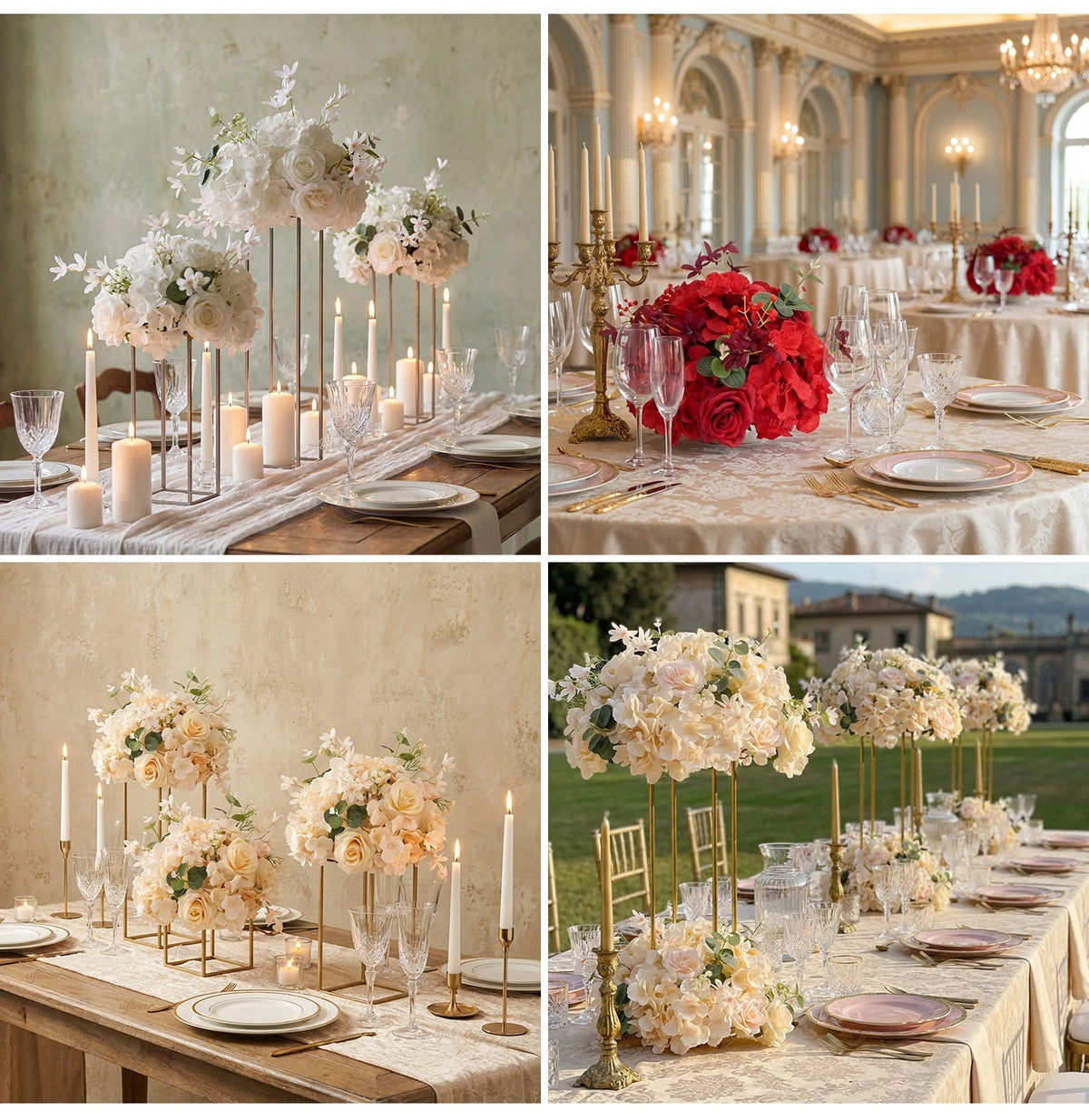 Elegant table setting featuring silk champagne rose and hydrangea flower ball centerpieces on a linen tablecloth.