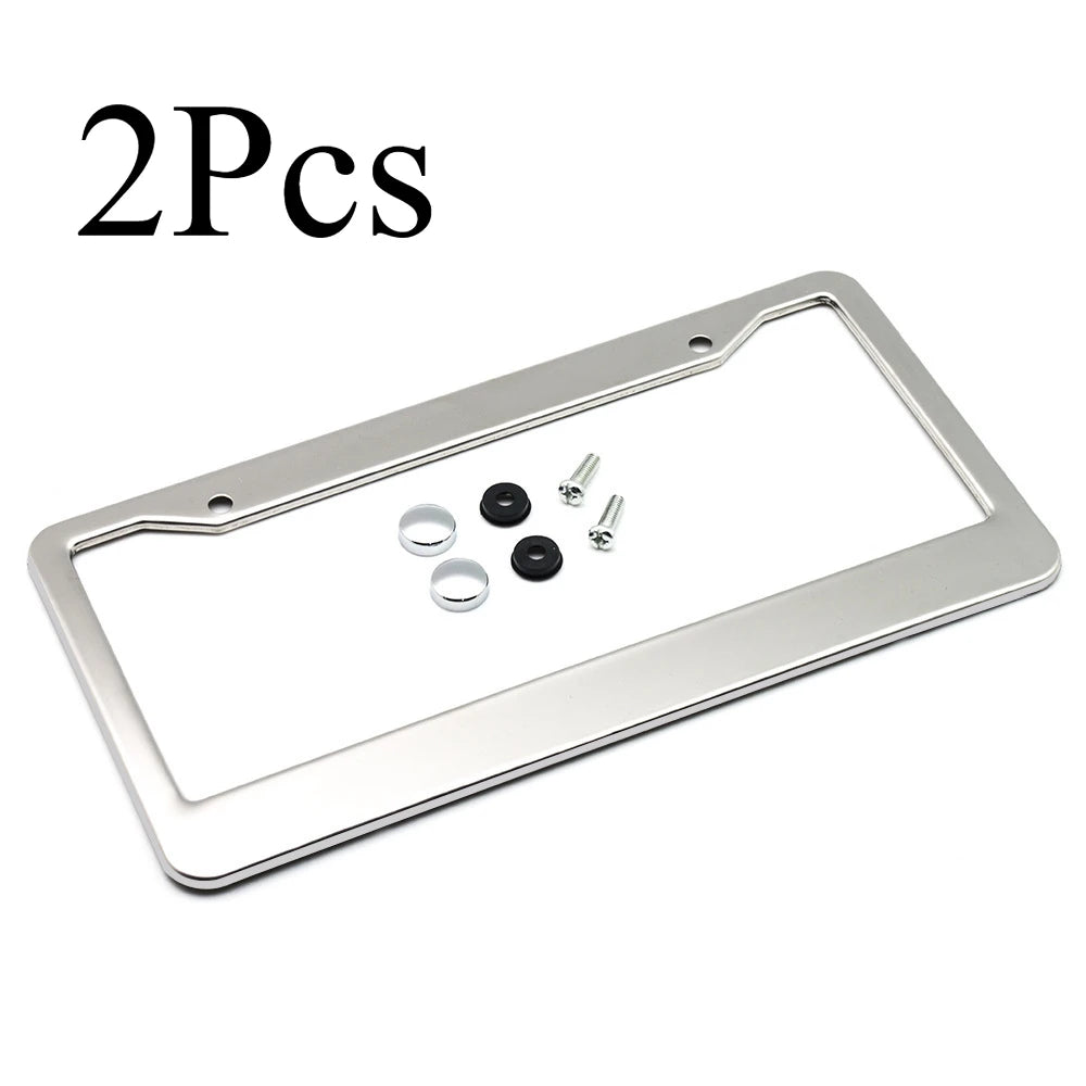 Two stainless steel license plate frames with screw covers.