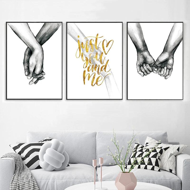 Three black and white line art prints depicting hands joined together