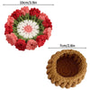 Hand-crocheted rose flower coasters featuring red, white, and green yarn in a circular pattern.