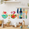 A set of seven rustic wooden wall decor pieces featuring a fork, cup, wine glass, and other kitchen items on a white shelf.