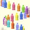 A collection of colorful plastic bottles in various shades of purple, pink, green, yellow, and blue.