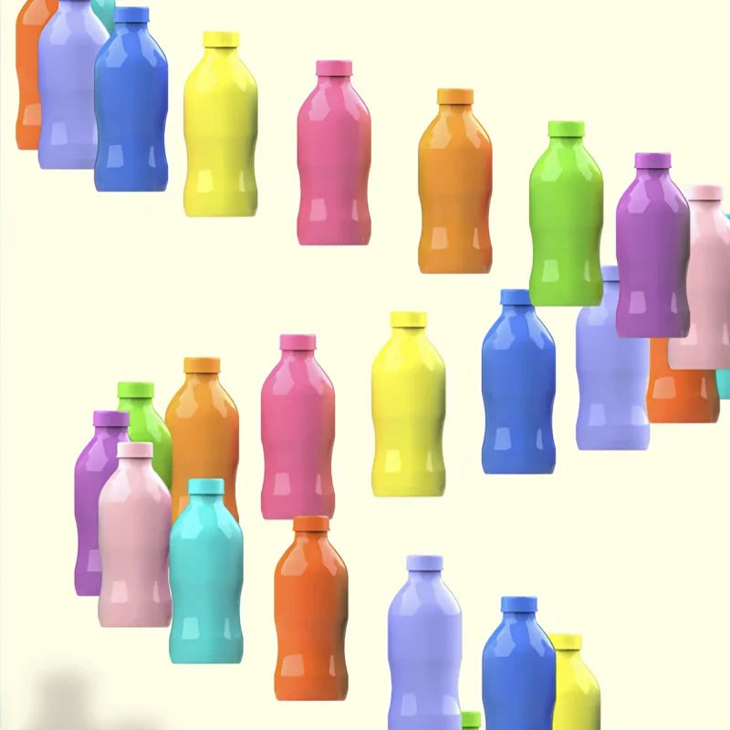 A collection of colorful plastic bottles in various shades of purple, pink, green, yellow, and blue.