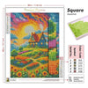 Diamond painting kit featuring a landscape scene with a house and flowers in various colors